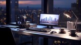 A desktop computer with a sleek design, positioned on a glass table, surrounded by modern office accessories in a well-lit room.