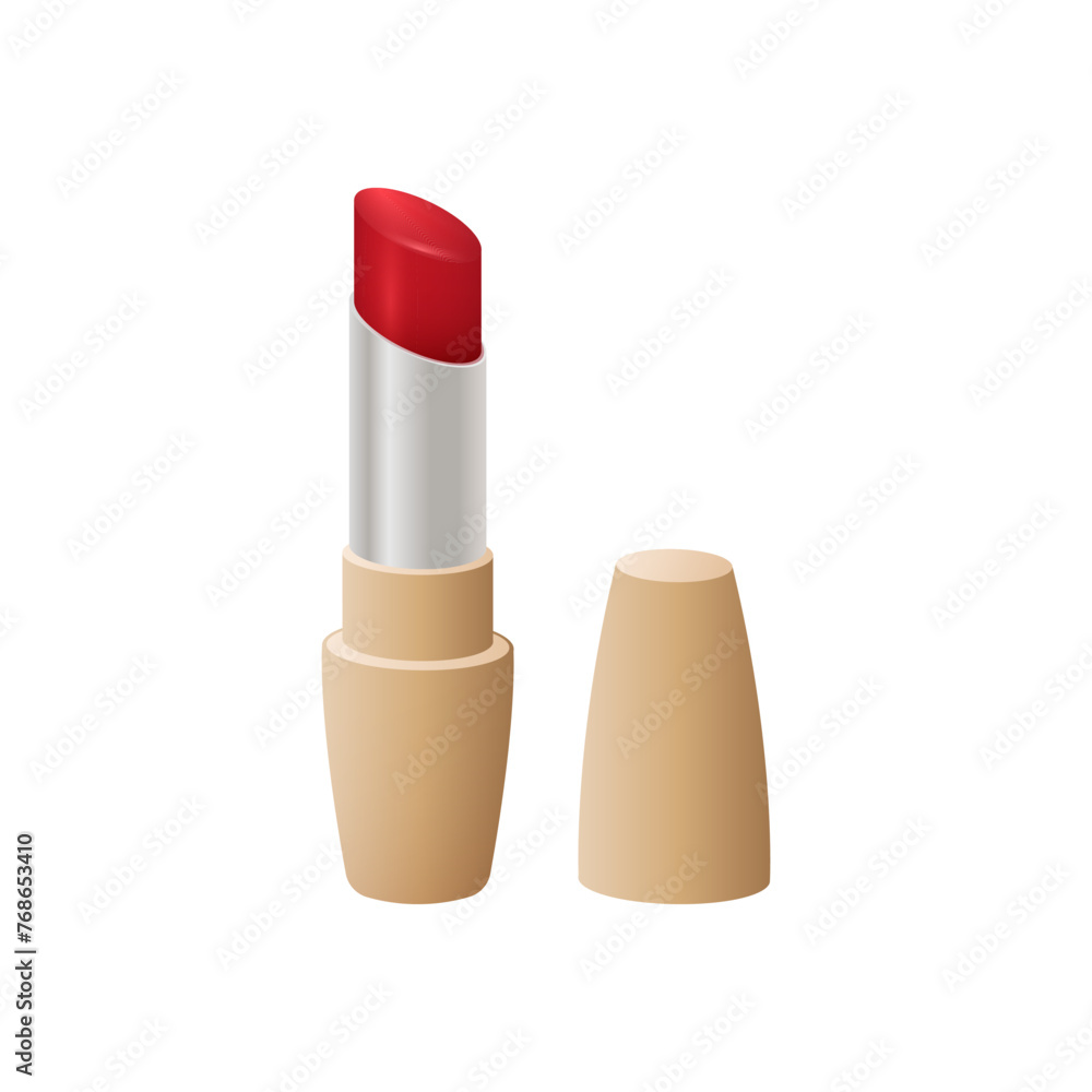 Red glossy lipstick in a beige oval case. Shiny lipstick for lips in elegant tube. Fashion, make-up, decorative cosmetics and facial care. Realistic vector illustration. Red glossy lipstick in a beige oval case. Shiny lipstick for lips in elegant tube. Fashion, make-up, decorative cosmetics and facial care. Realistic vector illustration.