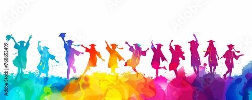 Colorful silhouettes of exuberant graduates tossing their caps against a backdrop of vibrant color splashes, representing celebratory climax of academic achievement. school university degree ceremony