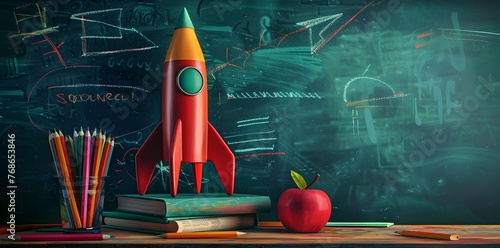 Pencil Rocket Soaring in a Vibrant Classroom A Creative Concept photo