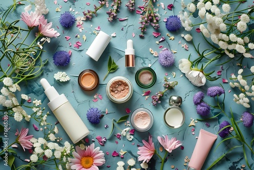 Organic Cosmetics and Spring Flowers A Flat Lay Celebration of Beauty and Nature