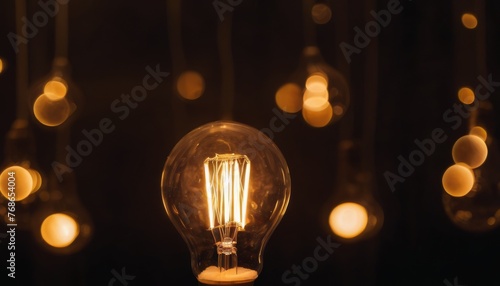A constellation of glowing bulbs hangs in the darkness, creating a serene galaxy of light. Each bulb shines with a unique intensity, offering a soft, harmonious illumination. AI generation