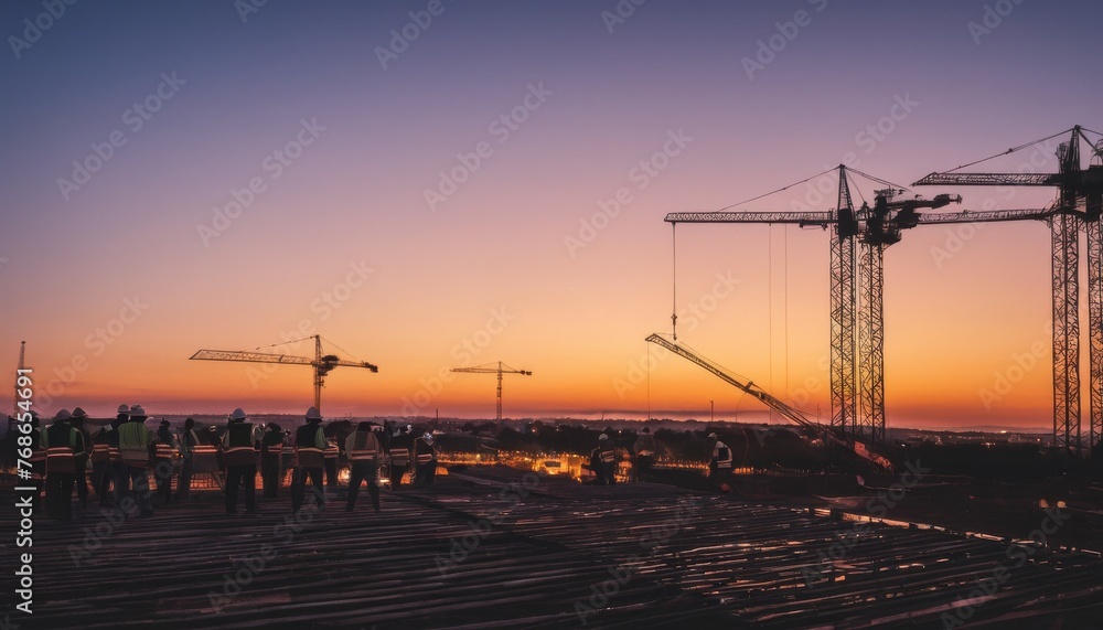 As the sun sets, casting a golden hue across the sky, construction workers and towering cranes are silhouetted against the evening light. The end of a day marks the progress of development. AI