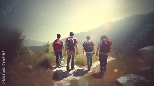 group of people walking in the mountains photo