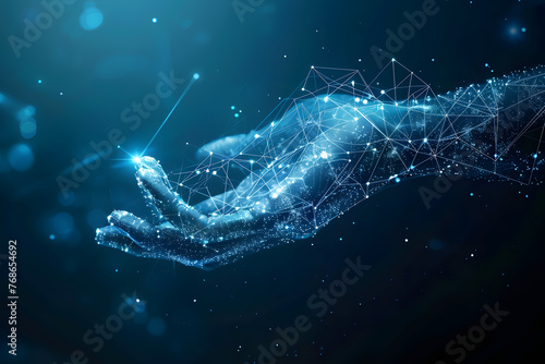 Digital composite of a glowing hand with a network connection design on a dark blue background. Futuristic technology and innovation concept. Design for presentations, digital technology themes