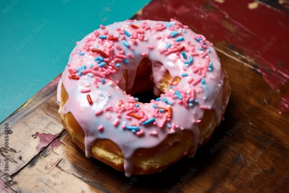 Hearty doughnut in a bento box against a painted brick background Hearty doughnut in a bento box against a painted brick background