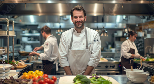 A smiling chef stands in the center of his modern kitchen  with professional cooking equipment and fresh vegetables on the counter
