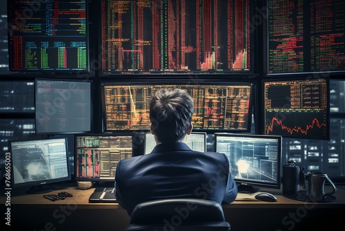 A confident stockbroker watching the market on multiple screens, making strategic decisions photo