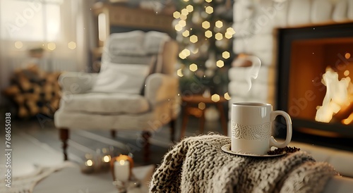 A cozy winter scene with a roaring fireplace and a warm cup of cocoa on a snowy day
 photo