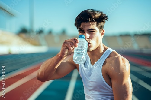 Male athlete drinks water on outdoor photo