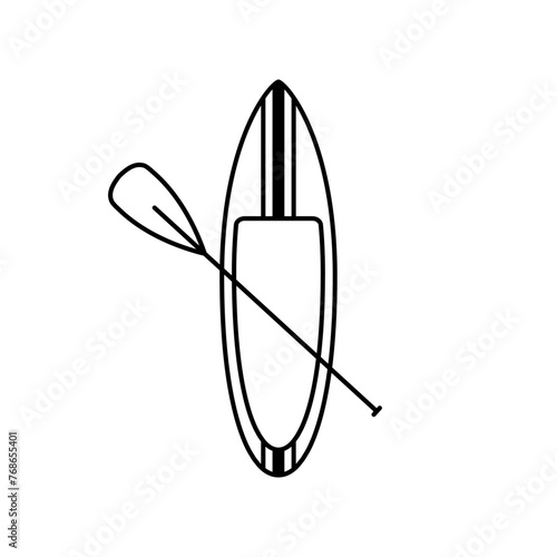 Logo club de paddle surf. Silueta lineal de tabla de paddle surf con remo cruzado