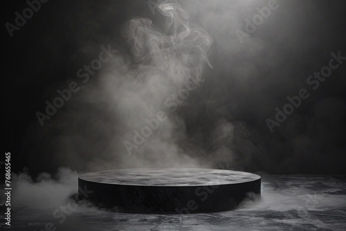 Black stone podium for luxury product placement. Rock granite pedestal stage background. Natural material scene. Minimal luxury aesthetic