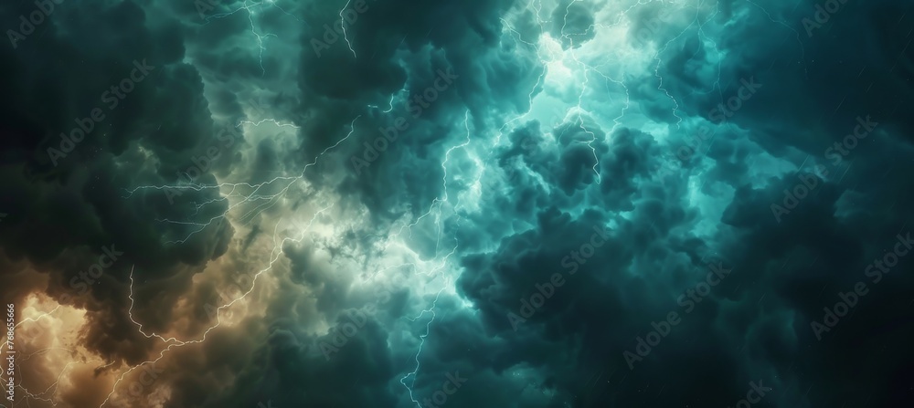 Fototapeta premium Dark clouds with lightning, thunderstorm and stormy weather background