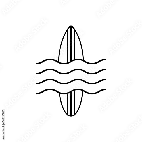 Logo club de surf. Silueta de tabla de surf lineal con olas de mar