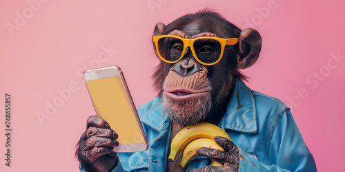 funny monkey in blue jacket and eyeglasses using smartphone isolated on pink photo