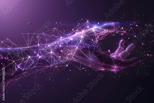 hand teamwork low poly wireframe on purple dark background. connection consisting of dots, lines, triangles futuristic style, on technology style, with huge big scene view background