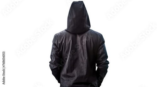 Isolated photo of scary horror stranger stalker man in black hood and clothing standing rear view photo