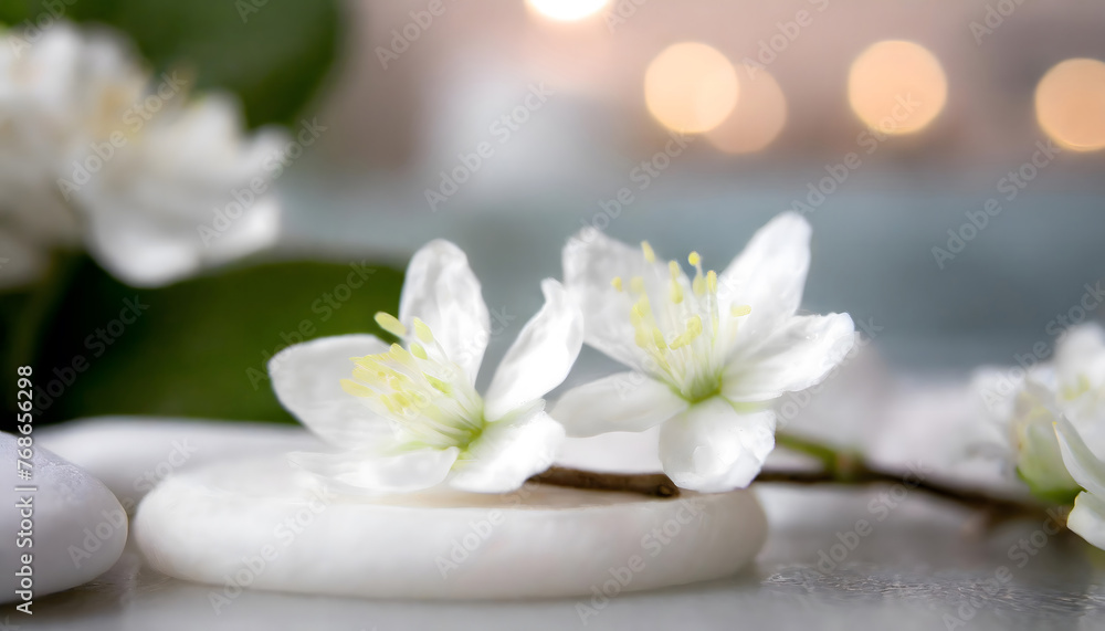 In this close-up shot, white flowers are seen placed on a table. The delicate petals and intricate details of the flowers are highlighted In this close-up shot, white flowers are seen placed on a table. The delicate petals and intricate details of the flowers are highlighted