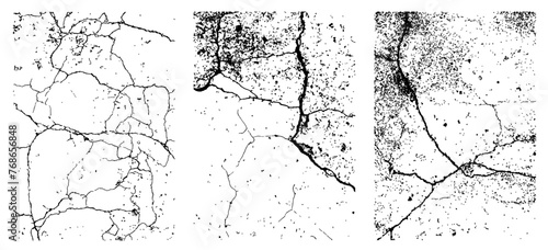 Set of 3 transparent vector cracked abstract dirty background textures with dust overlay. Place artwork over any image to make distressed crack effect