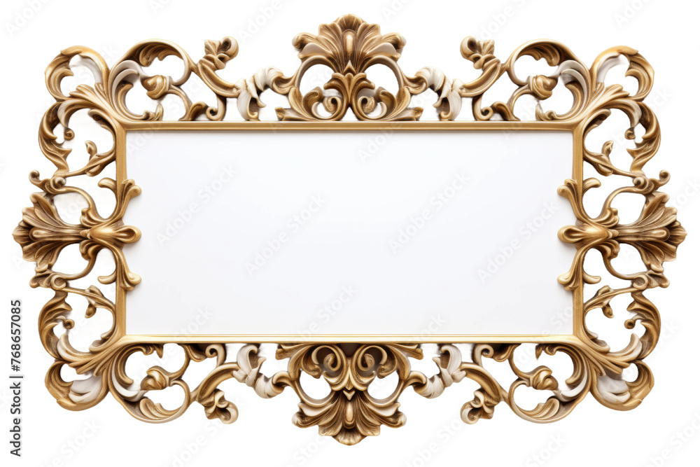 Gilded Elegance: Ornate Gold Frame on White. On a White or Clear Surface PNG Transparent Background. Gilded Elegance: Ornate Gold Frame on White. On a White or Clear Surface PNG Transparent Background.
