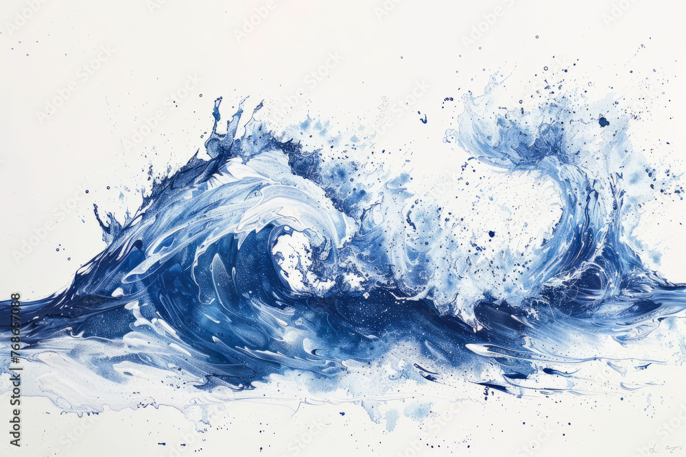 A dynamic seascape with bold, crashing blue waves against a pristine white background. - obrazy, fototapety, plakaty 