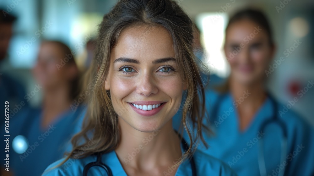smiling doctor with colleagues in hospital smiling doctor with colleagues in hospital