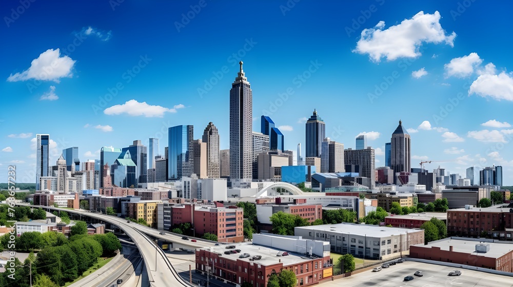 Downtown Atlanta Skyline showing several prominent buildings and hotels with blue sky background
