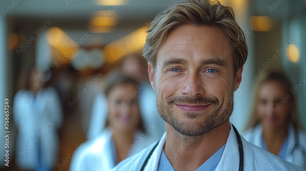 Obraz premium smiling doctor with colleagues in hospital