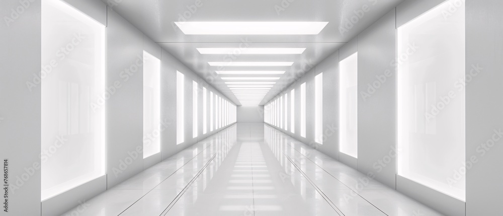 White background 3D room light abstract space technology tunnel stage floor. Empty white future 3D neon background studio futuristic corridor render modern interior silver road black wall design gray White background 3D room light abstract space technology tunnel stage floor. Empty white future 3D neon background studio futuristic corridor render modern interior silver road black wall design gray