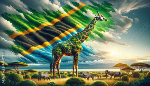 Giraffe in Tanzanian Flag photo