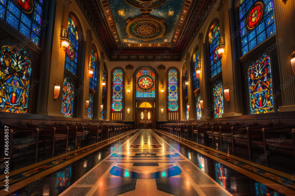 Majestic Masonic lodge interior adorned with symbolic stained glass windows depicting sacred geometry and esoteric symbols.