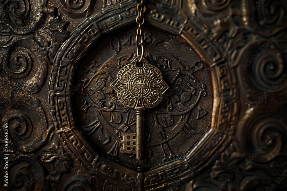 Symbolic image of a key with intricate Masonic engravings hanging from an antique keyhole surrounded by ancient scrolls and geometric patterns, shot in a dark.