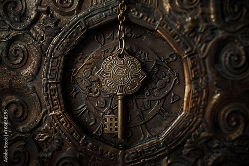 Symbolic image of a key with intricate Masonic engravings hanging from an antique keyhole surrounded by ancient scrolls and geometric patterns, shot in a dark.