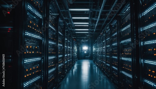 An aisle in a data center radiates with orange lights from server racks. This image captures the warm hues contrasting the usual cool tones of a tech environment. AI generation