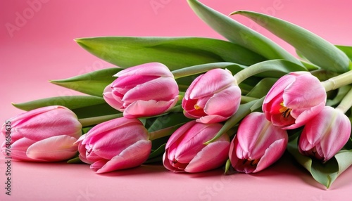 Beautiful composition spring flowers. Bouquet of pink tulips flowers on pastel pink background.