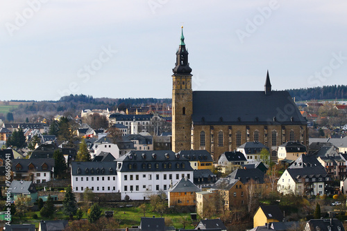 View of St. Wolfgang church in Schneeberg, a historical mining town in the Ore Mountains, Saxony, Germany