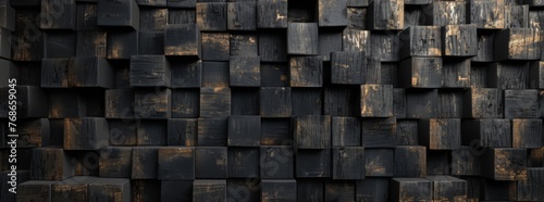 Abstract black and gold background with wooden blocks 