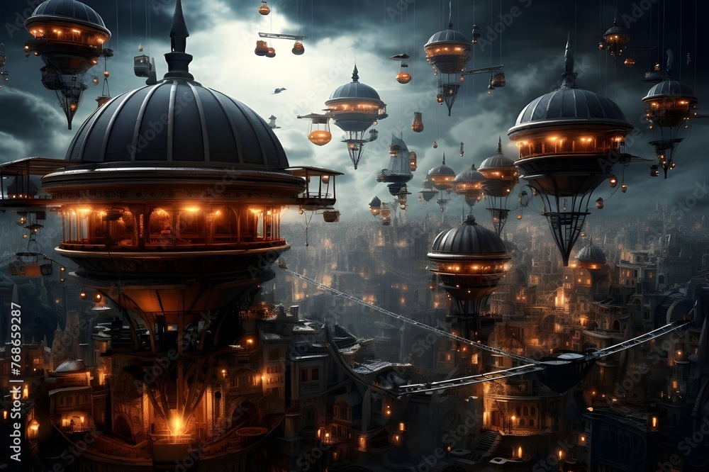 Steampunk airships hovering over a bustling city background. Created ...