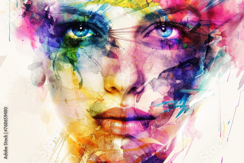 A female portrait transformed into a work of art as vibrant watercolor strokes cascade across the canvas, infusing the artwork with vibrancy and expression.