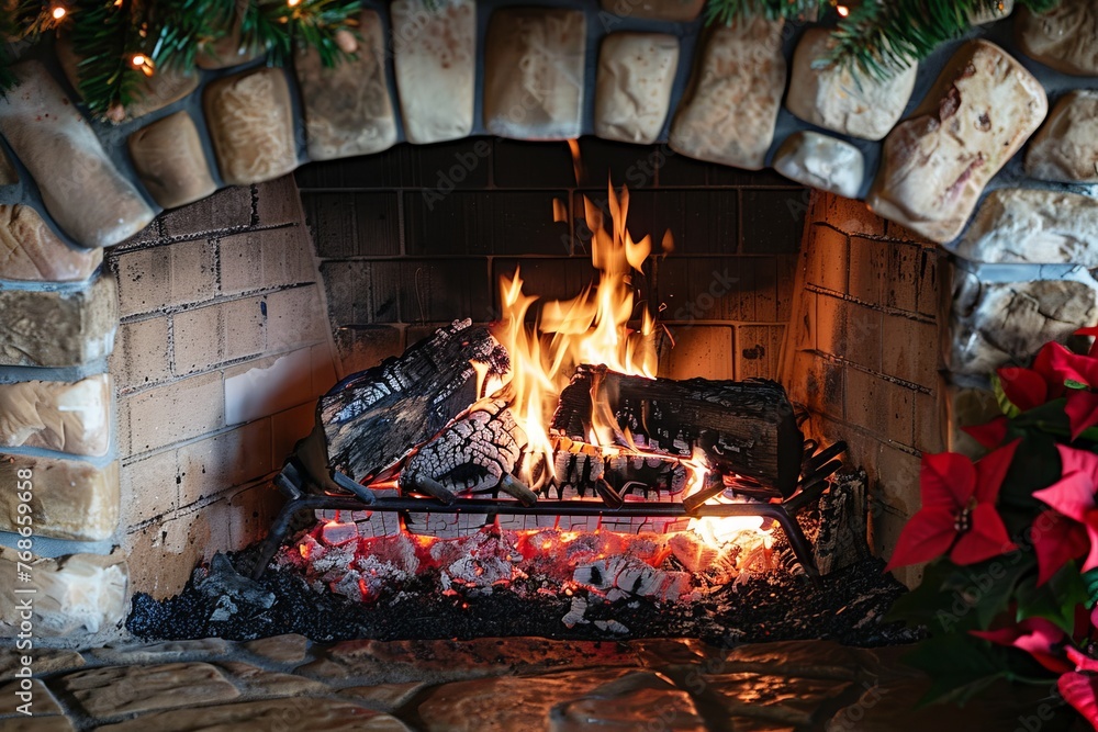 Cozy fireplace scene depicting crackling flames casting a warm glow in a home environment, conveying a sense of comfort and relaxation during the colder months.