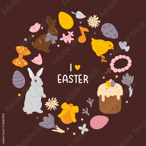 A circle of vector cartoon Easter icons