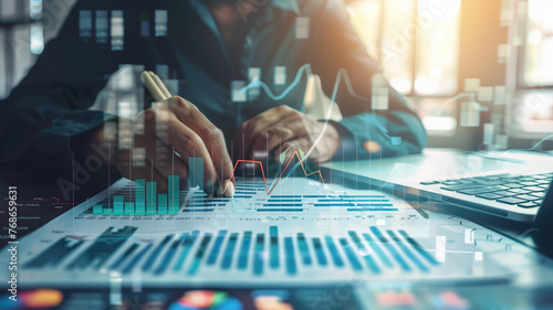 Business audit stock financial finance management on analysis data strategy with graph accounting marketing or report chart economy investment research profit concept. Generative AI