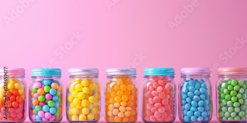 Colorful candy jars on a table on bright colorful pastel background.