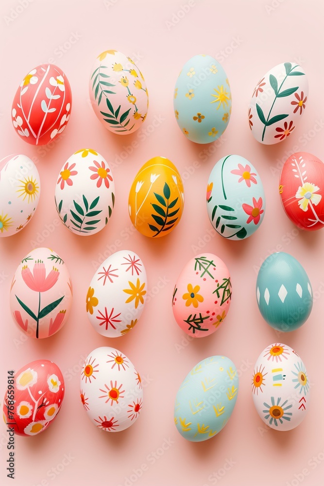 photo of risograph geometric and floral print decorated Easter eggs pattern flat lay, modern, minimalist