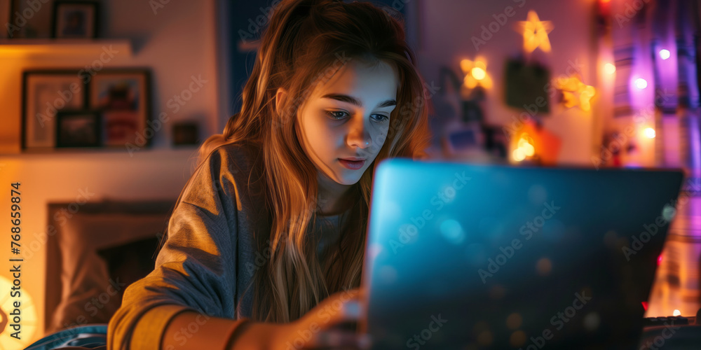 Young ten years old student using her laptop computer at home. Teenage girl studying at her room. Child doing homework using a computer. Young ten years old student using her laptop computer at home. Teenage girl studying at her room. Child doing homework using a computer.