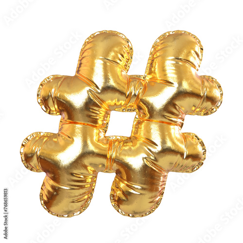 Golden Metal Balloon Hash or Pound Sign Symbol for Festive, Text, Holidays. 3d Rendering
