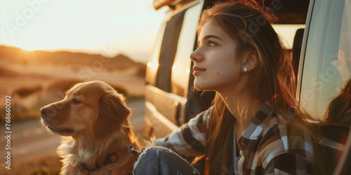 Beautiful young female travelers and her dog going on a trip by a minivan. Adventurous young woman with a pet. Hiking and trekking on a nature trail.