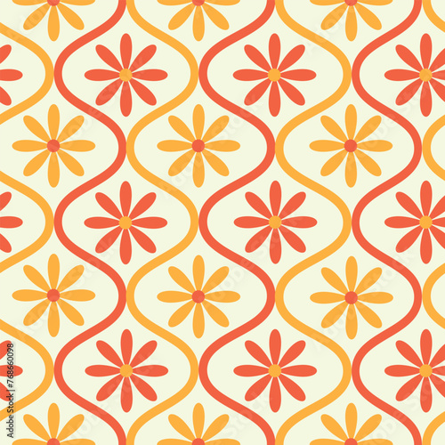 Retro Yellow and Orange Flowers on Mid Century Ogee Ovals Seamless Pattern. For Wallpaper, Fabric and Home décor © yasminepatterns