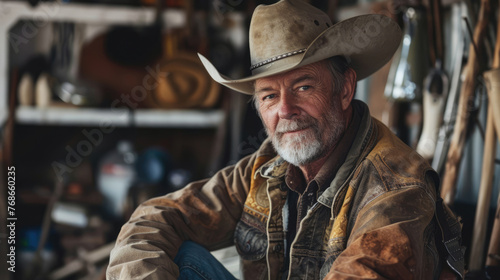 Portrait of an adult man in a cowboy hat. Horse breeder