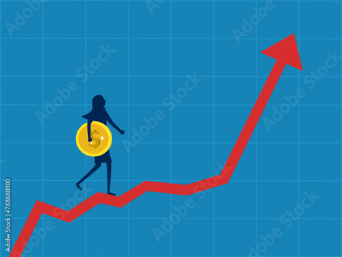 Financial planning. Businesswoman holding coin walking on growing graph